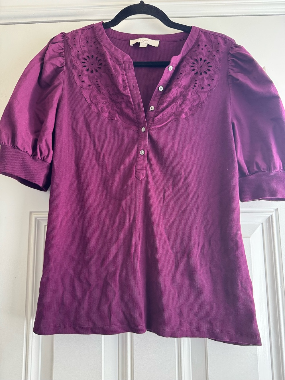 LOFT Plum Embroidered Button-Front Puff Sleeve Top